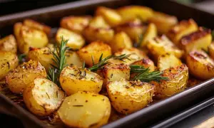 Goldbraune, knusprige Ofenkartoffeln mit Schale und Rosmarin auf einem Blech.