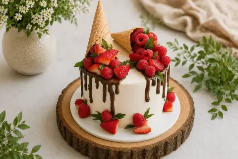 Eine moderne Erdbeertorte mit Schokoladenglasur, gefüllt mit frischen Erdbeeren und Himbeeren in Eiswaffeln.