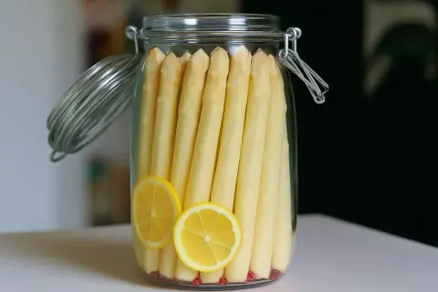 Ein Glas mit weißem Spargel und Zitronenscheiben, bereit zum Spargel fermentieren.