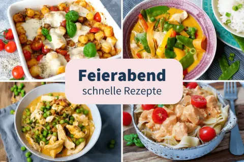 Vier leckere Abendessen Ideen: Gnocchi-Auflauf, Hähnchen-Curry, Hähnchen mit Erbsen und Pasta mit cremiger Soße. Perfekt für schnelle Rezepte nach Feierabend.