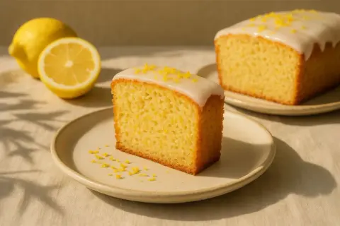 Ein Stück veganer Zitronenkuchen mit Zuckerguss und Zitronenschale, daneben ganze und halbe Zitronen.