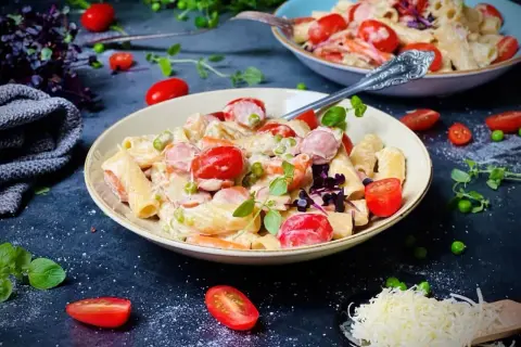 Cremige Pasta mit Würstchen, Erbsen und Kirschtomaten – ein köstliches One-Pot-Gericht, garniert mit frischen Kräutern.