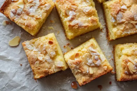 Saftiger Buttermilchkuchen vom Blech, bestreut mit Mandelblättchen und Puderzucker. Ein Genuss für jeden Kaffeetisch.