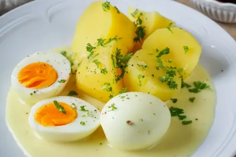 Saure Eier Rezept: Gekochte Eier und Kartoffeln in cremiger Sauce, garniert mit Petersilie. Ein einfaches und leckeres Gericht.