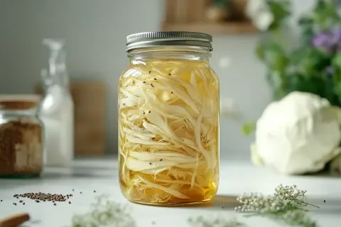 Ein Glas mit spitzkohl fermentieren. Feine Kohlstreifen und Senfkörner in einer goldenen Flüssigkeit.