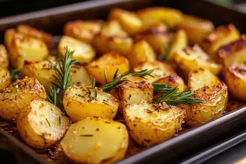 Goldbraune, knusprige Ofenkartoffeln mit Schale und Rosmarin auf einem Blech.