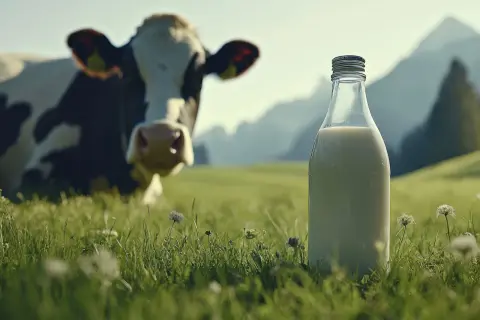 Eine Kuh auf einer grünen Wiese, im Vordergrund eine Flasche Milch. Das ist die Essenz von Rohmilch – frisch und unverarbeitet, direkt vom Bauernhof.