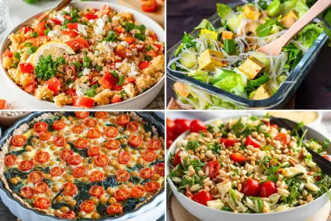 Vier leckere kalte Gerichte: Couscous-Salat, Glasnudelsalat mit Tofu, herzhafte Quiche und ein mediterraner Nudelsalat.