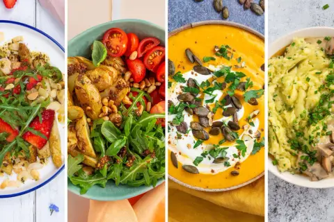 Vier leckere saisonale Rezepte: Spargelsalat mit Erdbeeren, Kartoffelsalat mit Tomaten, Kürbissuppe mit Kernen und Kartoffelbrei mit Pilzrahmsoße.