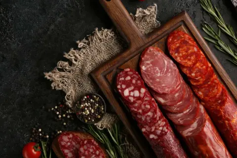Verschiedene magere wurstsorten, darunter Chorizo und Salami, werden auf einem Holzbrett mit Rosmarin und Pfefferkörnern serviert.