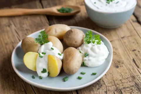 Gedämpfte Kartoffeln mit Kräuterquark und Schnittlauch, schnell in der Mikrowelle zubereitet.