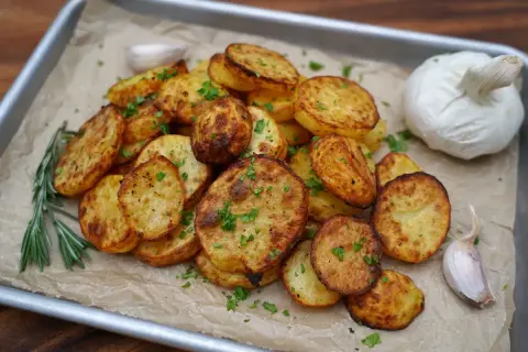 Geröstete knoblauch kartoffeln mit Rosmarin und Petersilie auf einem Backblech.