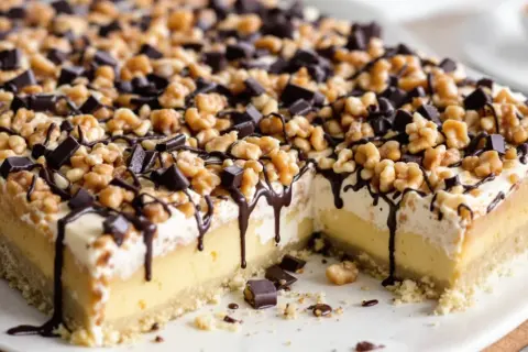 Ein köstlicher "friss dich dumm Kuchen" mit Schokoladenglasur, Nüssen und Schokostückchen. Ein wahrer Genuss für Naschkatzen!
