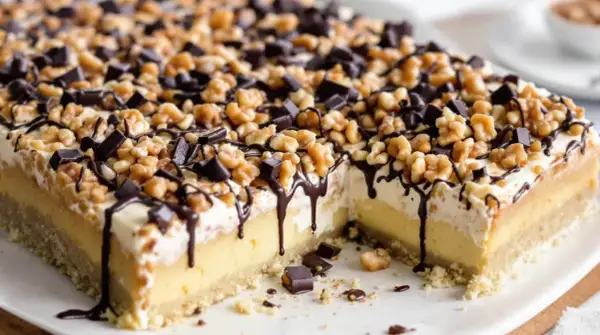 Ein köstlicher "friss dich dumm Kuchen" mit Schokoladenglasur, Nüssen und Schokostückchen. Ein wahrer Genuss für Naschkatzen!